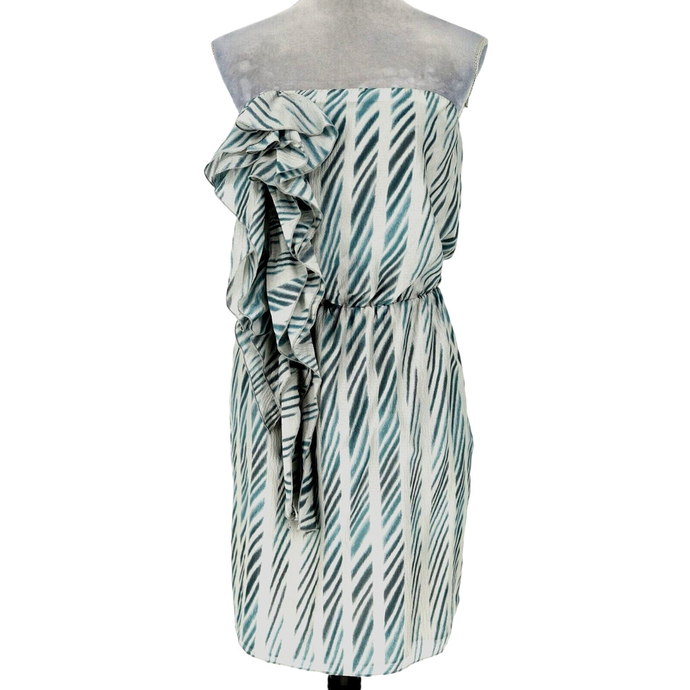 Ann Taylor Dress Petites PM MP Silk Gray Green Strapless Side Ruffle Whimsy New